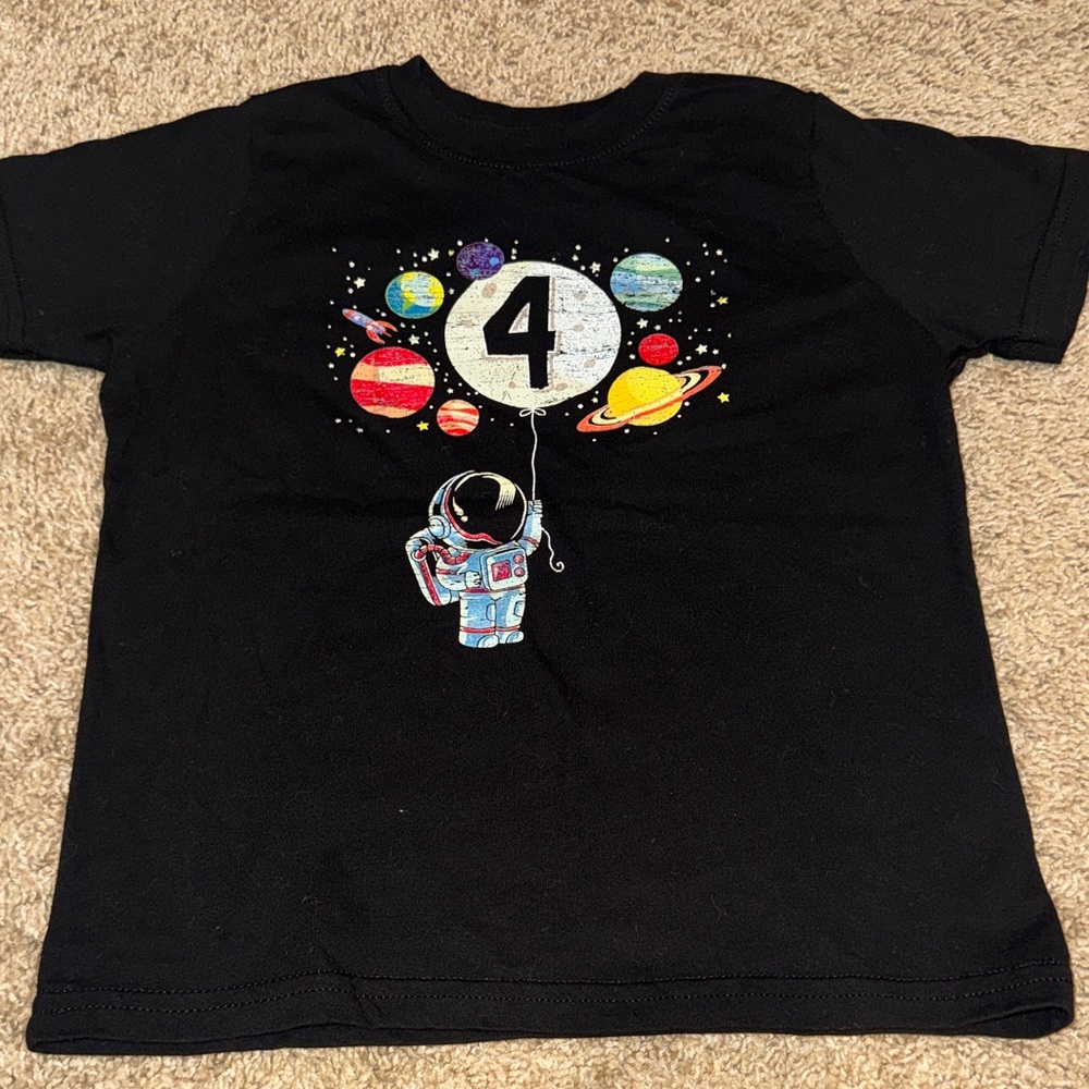 Black Space Theme 4th birthday T-Shirt with Astronaut and Planets